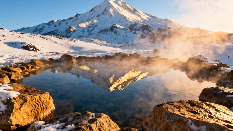 雪山温泉映晨光图片