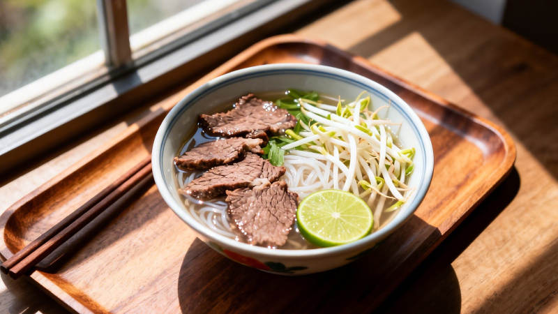 阳光下的牛肉河粉图片