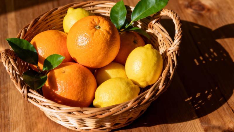 篮中橙柠檬 阳光洒满桌图片
