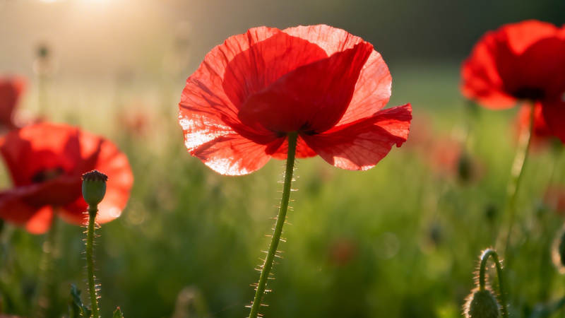 夕阳下的红罂粟花田图片