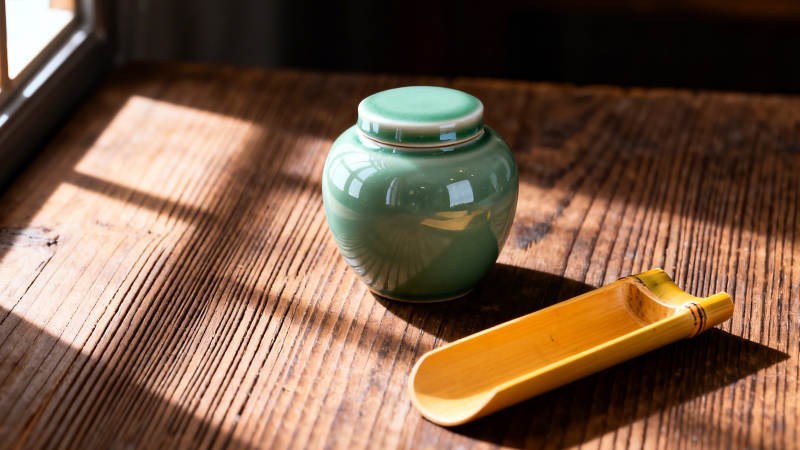 青瓷罐与竹勺静置木桌图片