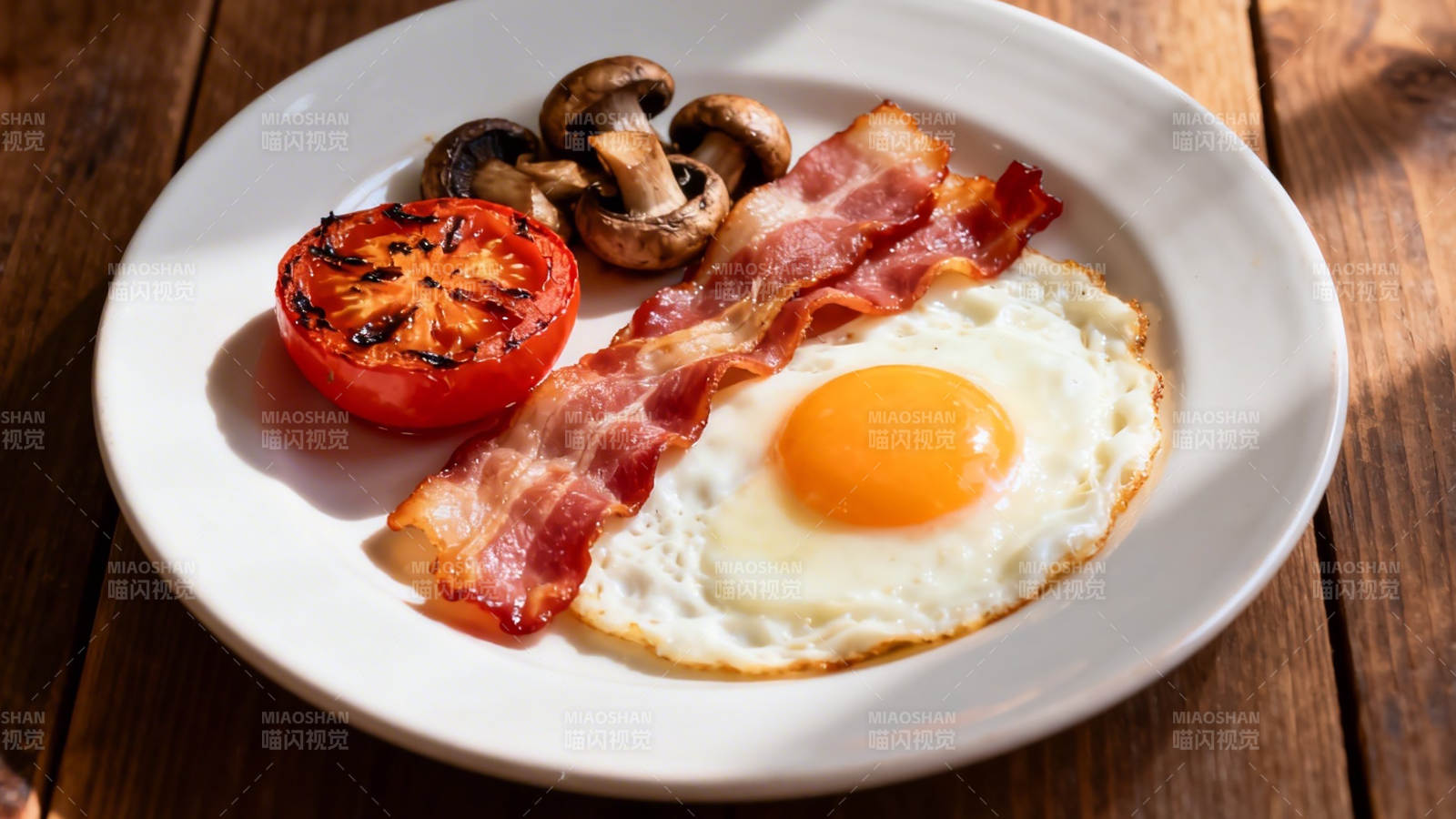英式早餐 煎蛋培根蘑菇番茄图片