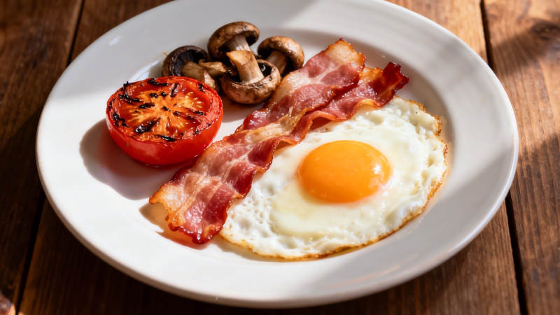 英式早餐 煎蛋培根蘑菇番茄图片