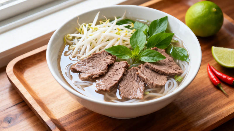 越南牛肉河粉配青柠辣椒图片