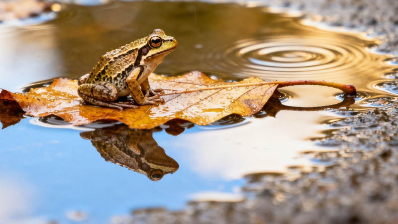 蛙坐落叶 水波轻漾图片