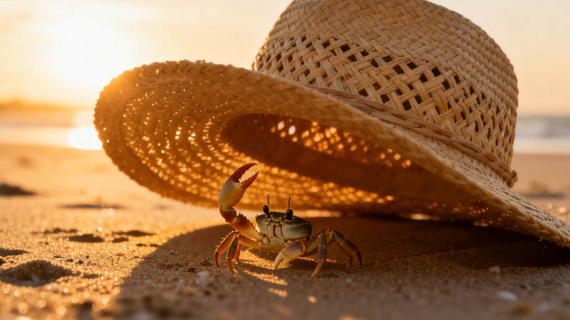 蟹戴草帽 沙滩夕阳暖图片