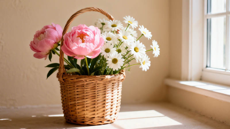 窗边花篮 粉白相映成趣图片