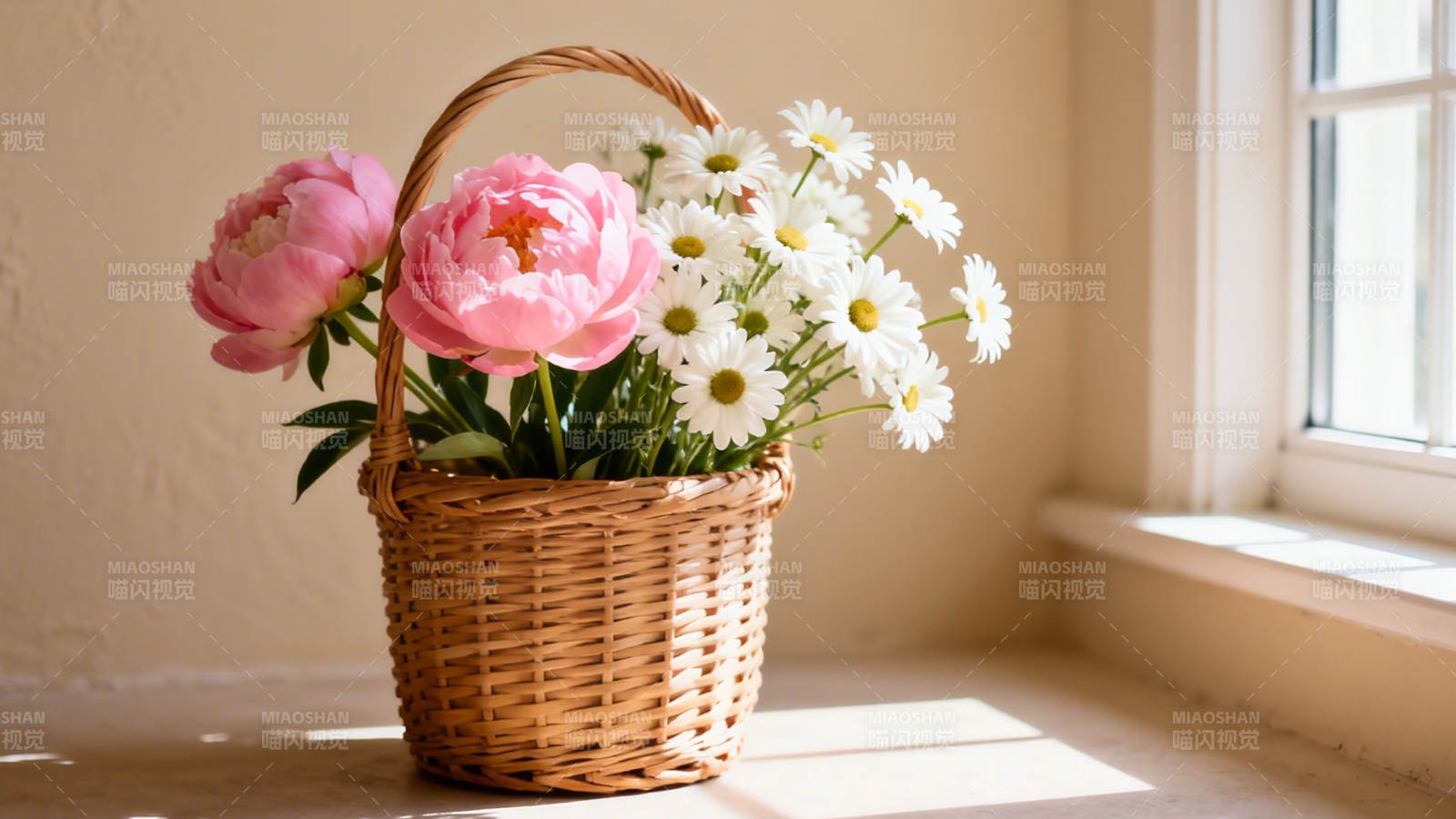 窗边花篮 粉白相映成趣图片