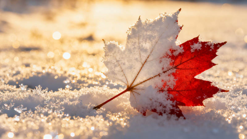 雪覆红枫 冬日暖阳图片