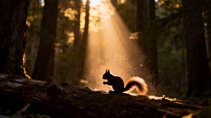 林间松鼠沐金光图片
