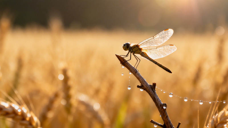 麦浪蜻蜓晨露闪图片