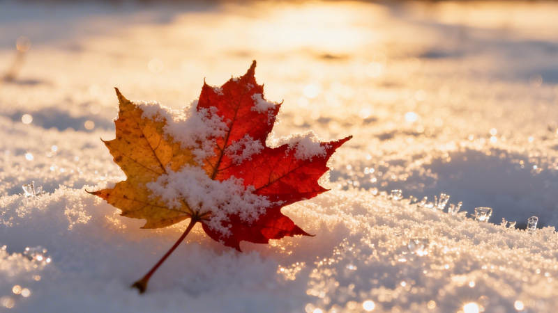 雪覆红枫 冬日暖阳图片