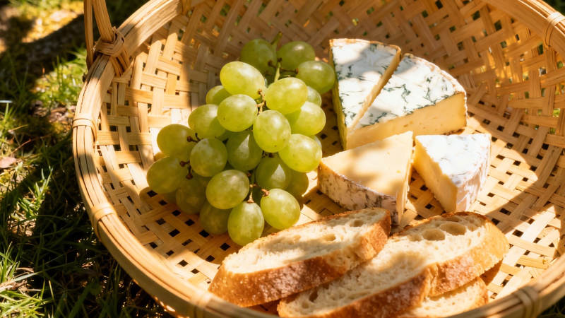 篮中奶酪葡萄面包野餐图片