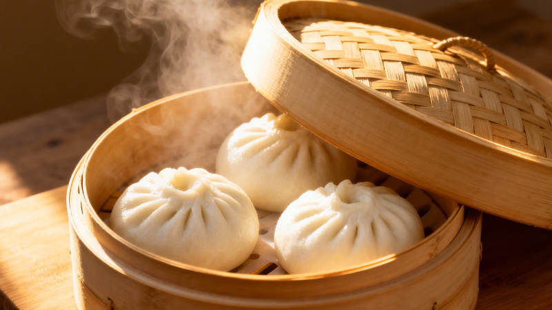 热气腾腾的竹笼小笼包图片