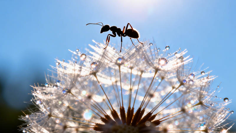 蚁立蒲公英 露珠映蓝天图片