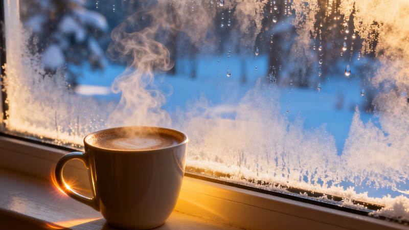 窗边热饮 冬日暖阳图片