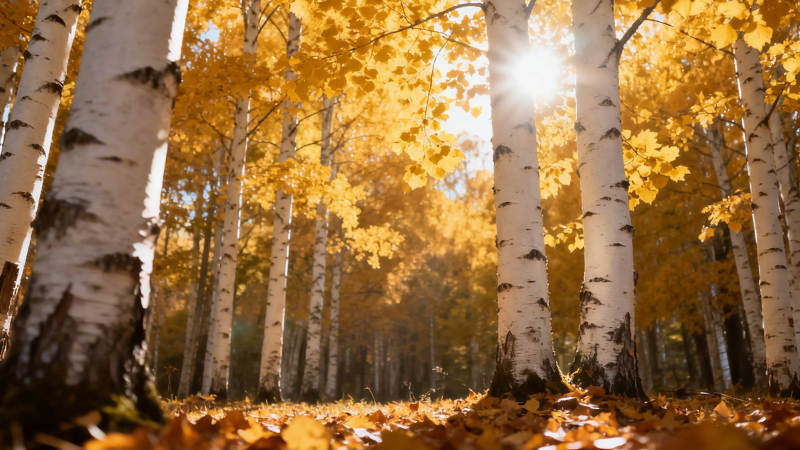 秋日白桦林 金叶映暖阳图片