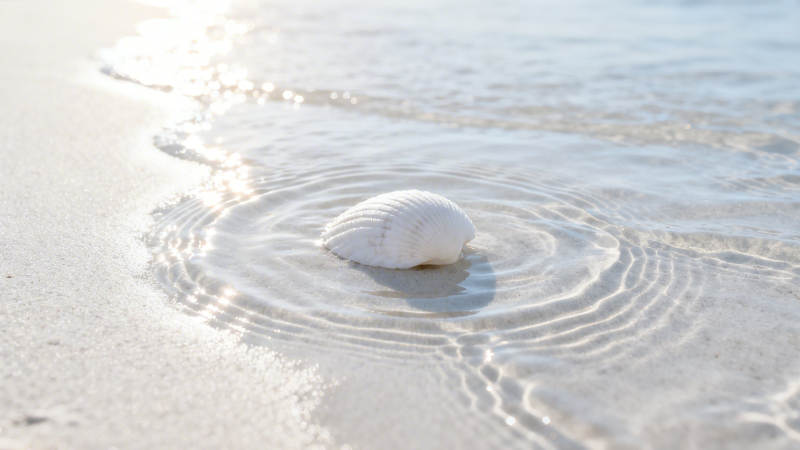 海浪轻抚白贝壳图片