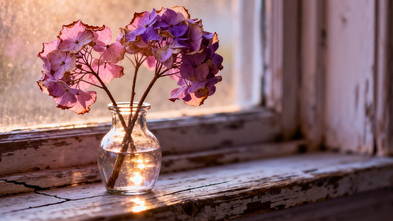 窗台紫花 暖阳静好图片