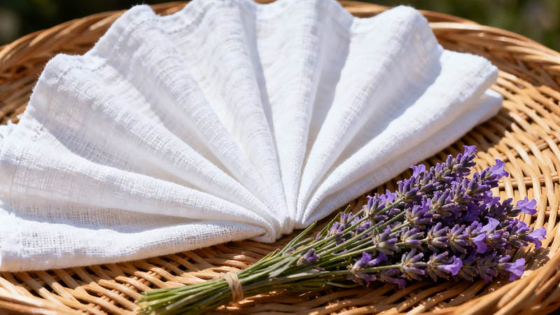 白布扇与薰衣草篮中静置图片