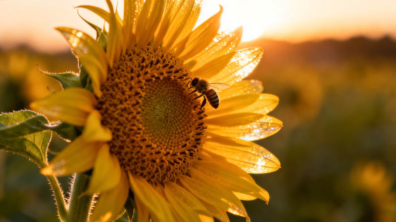 夕阳下 蜂恋向日葵图片