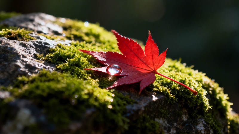 红枫露珠映青苔图片