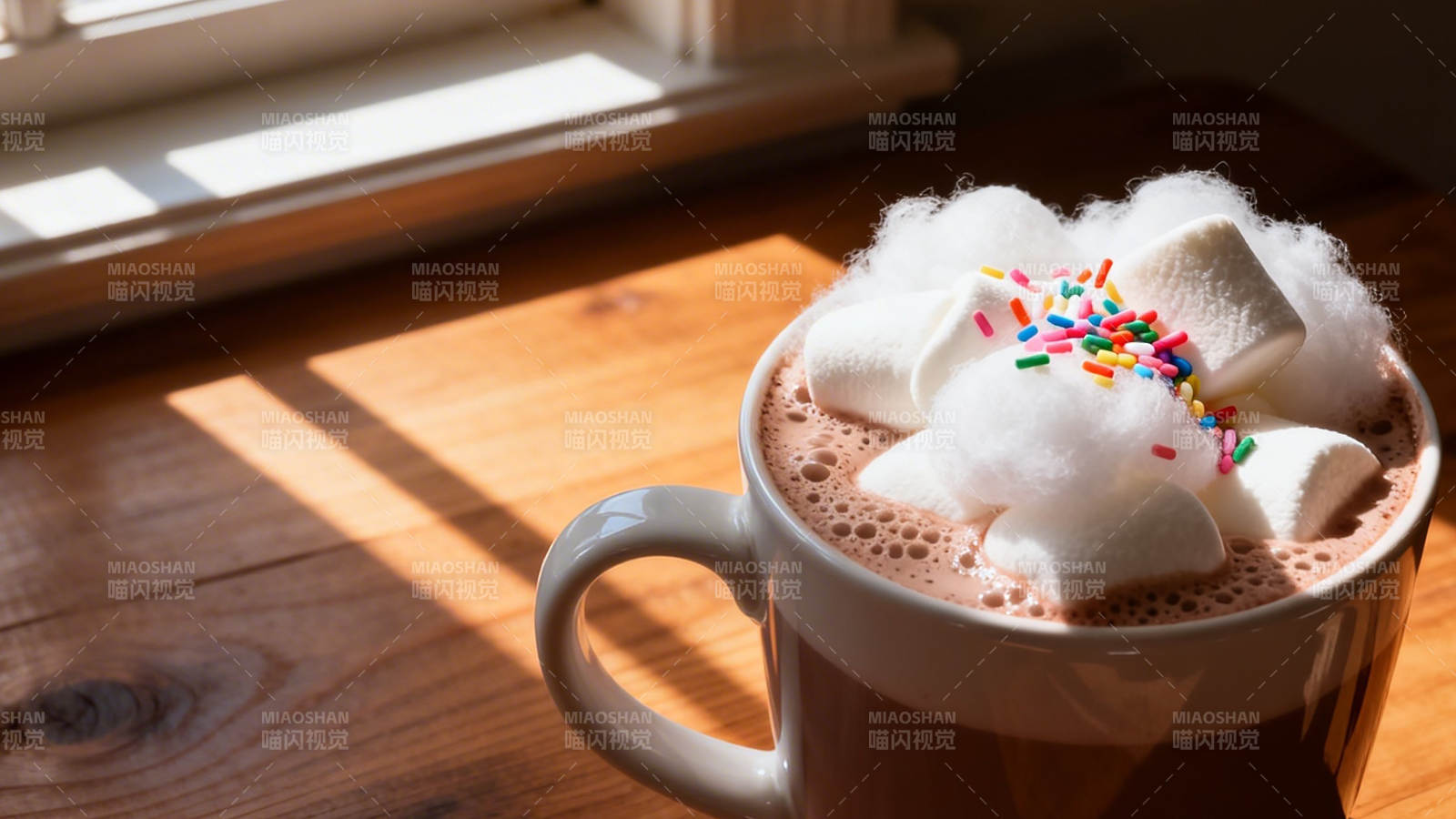 阳光下的棉花糖热可可图片