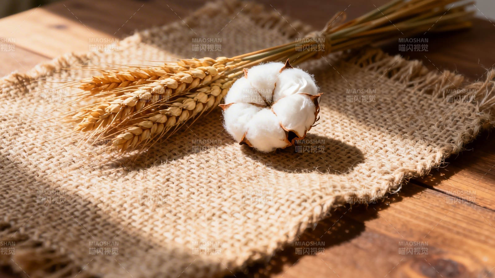 棉麦静置麻布上图片