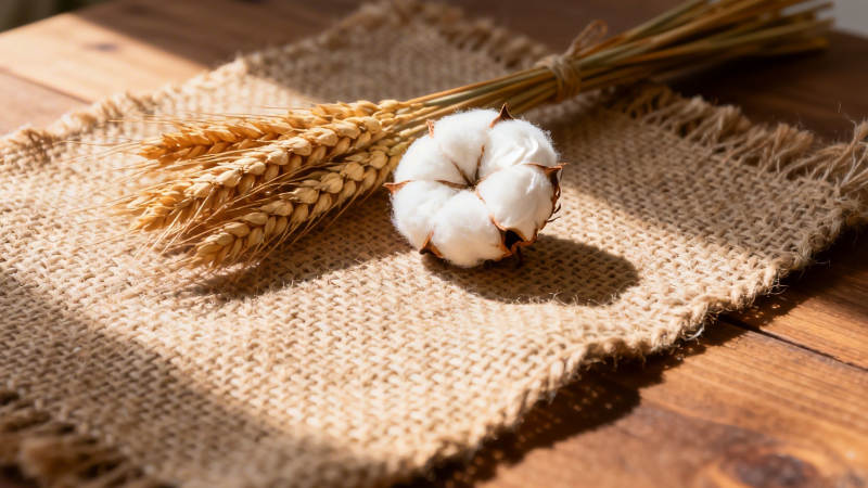 棉麦静置麻布上图片