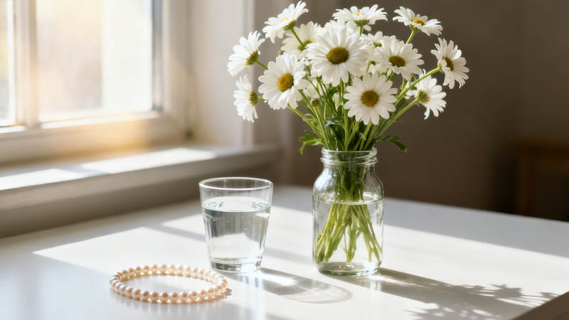 窗边雏菊与珍珠手链图片