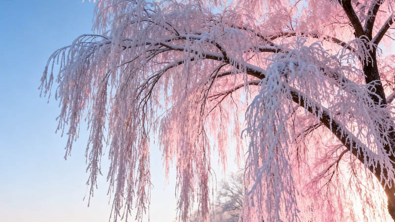 霜枝粉樱映蓝天图片