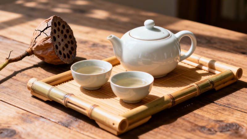 竹托盘上的茶具与莲蓬图片