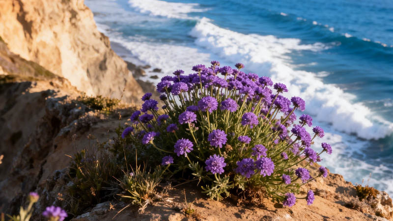 崖边紫花迎海风图片