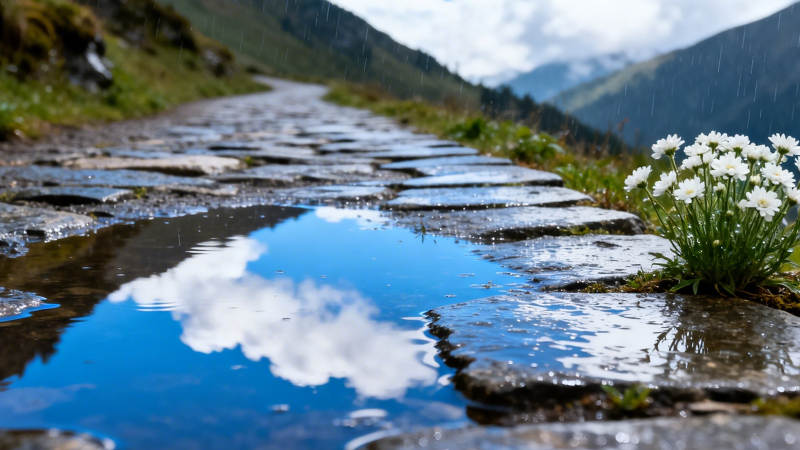 雨后石径 云影花伴图片