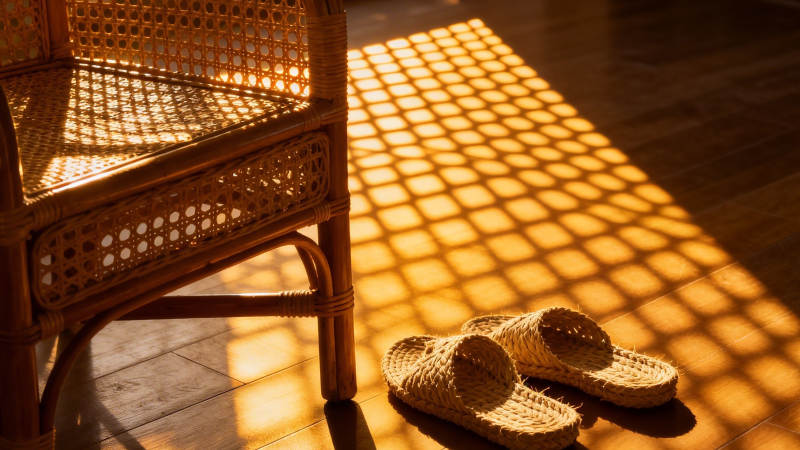 藤椅斜阳 拖鞋静候归人图片