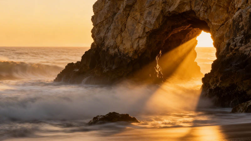 夕阳穿岩 海浪轻抚金辉图片