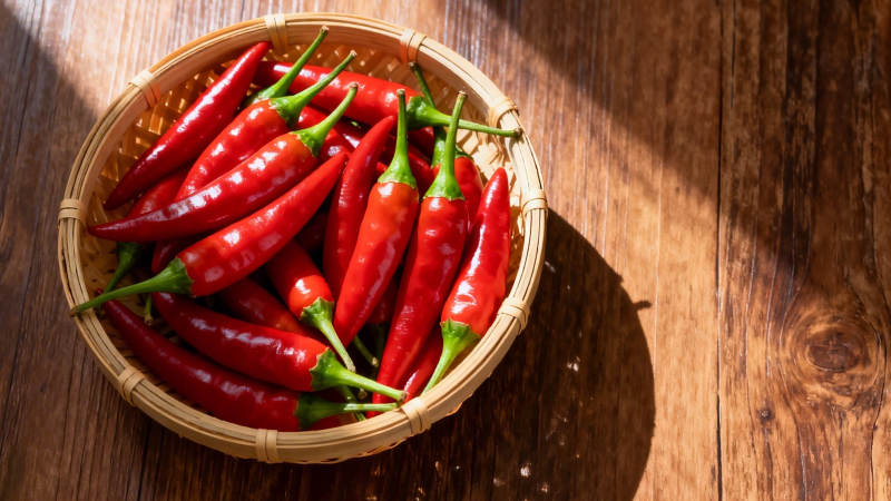 竹篮红椒 阳光木桌香图片