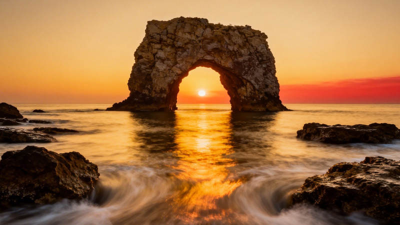 日落拱门 海天一色金辉映图片