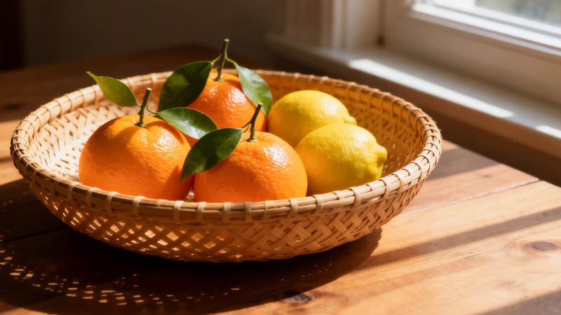 阳光下的果篮 橙与柠檬图片