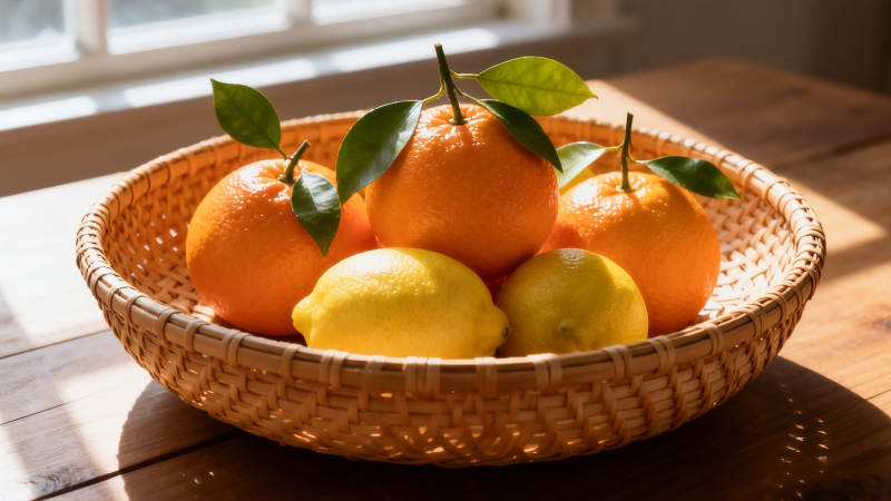 阳光下的果篮 橙与柠檬图片