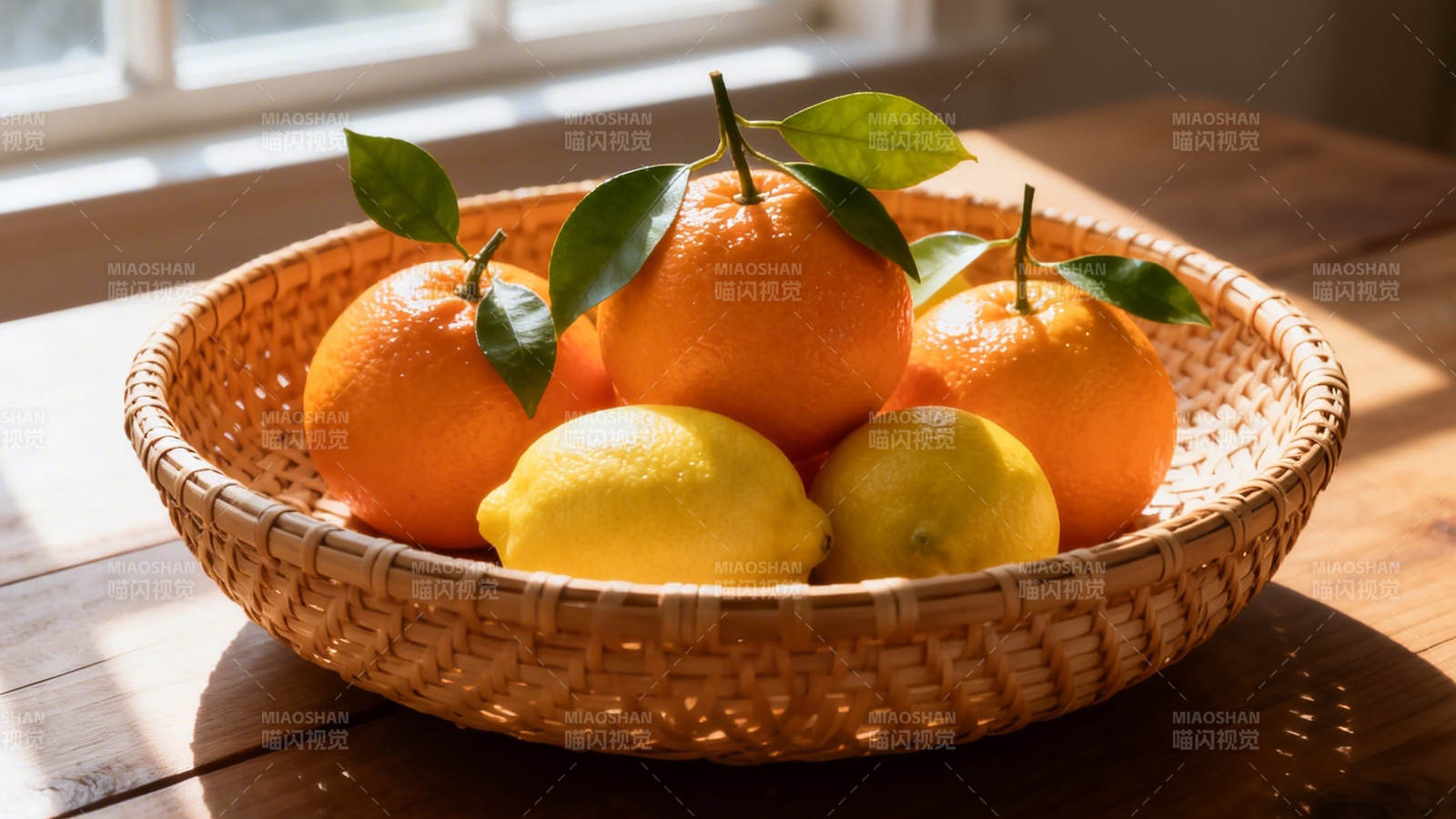 阳光下的果篮 橙与柠檬图片