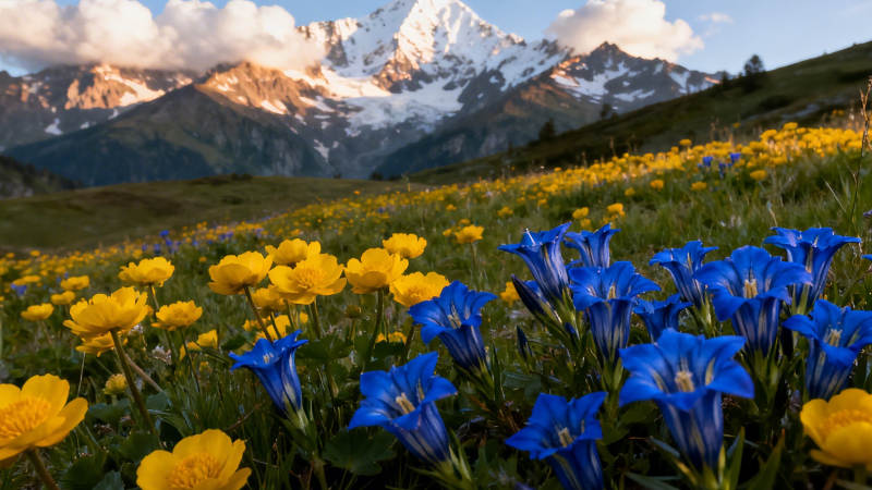 雪山花海 蓝黄竞艳图片