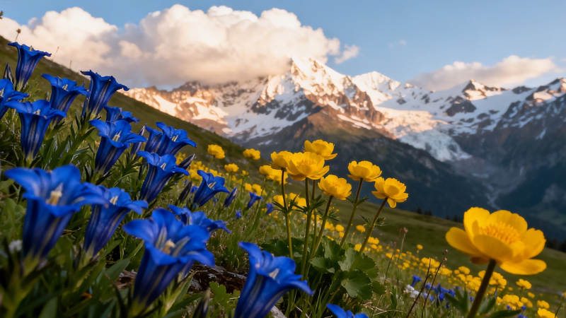 雪山花海 蓝黄竞艳图片