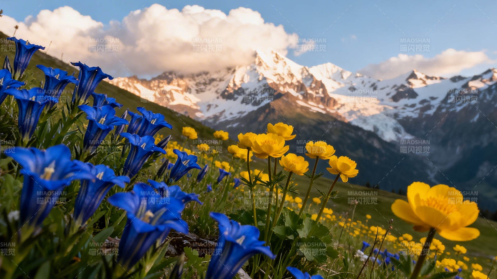 雪山花海 蓝黄竞艳图片