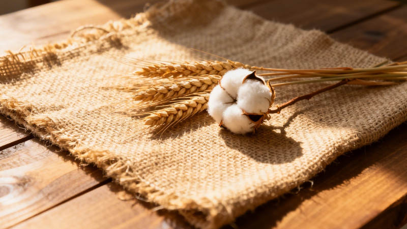 棉麦静置麻布上图片