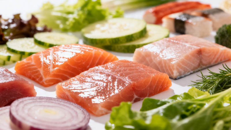 新鲜三文鱼配蔬菜寿司拼盘图片