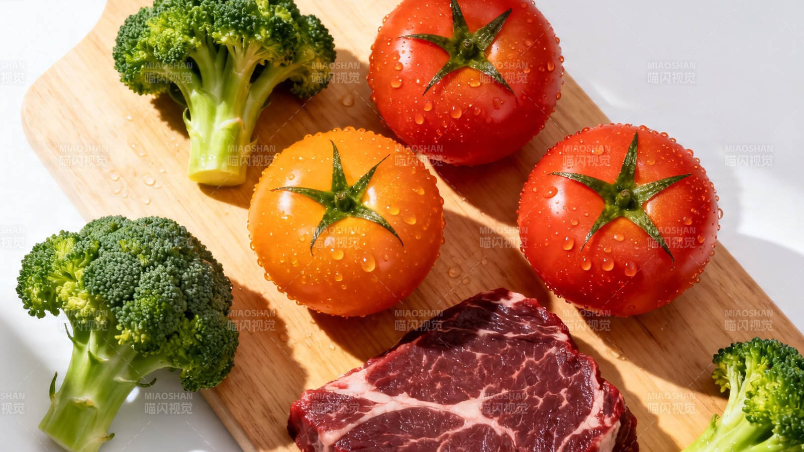 新鲜蔬果配牛排 健康美味一板端图片