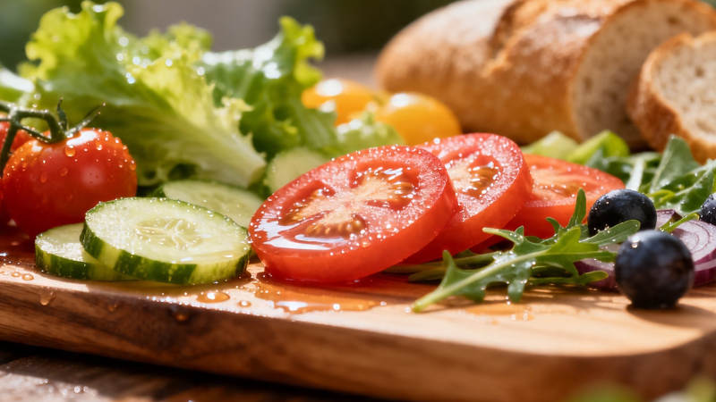 新鲜蔬菜沙拉配面包图片