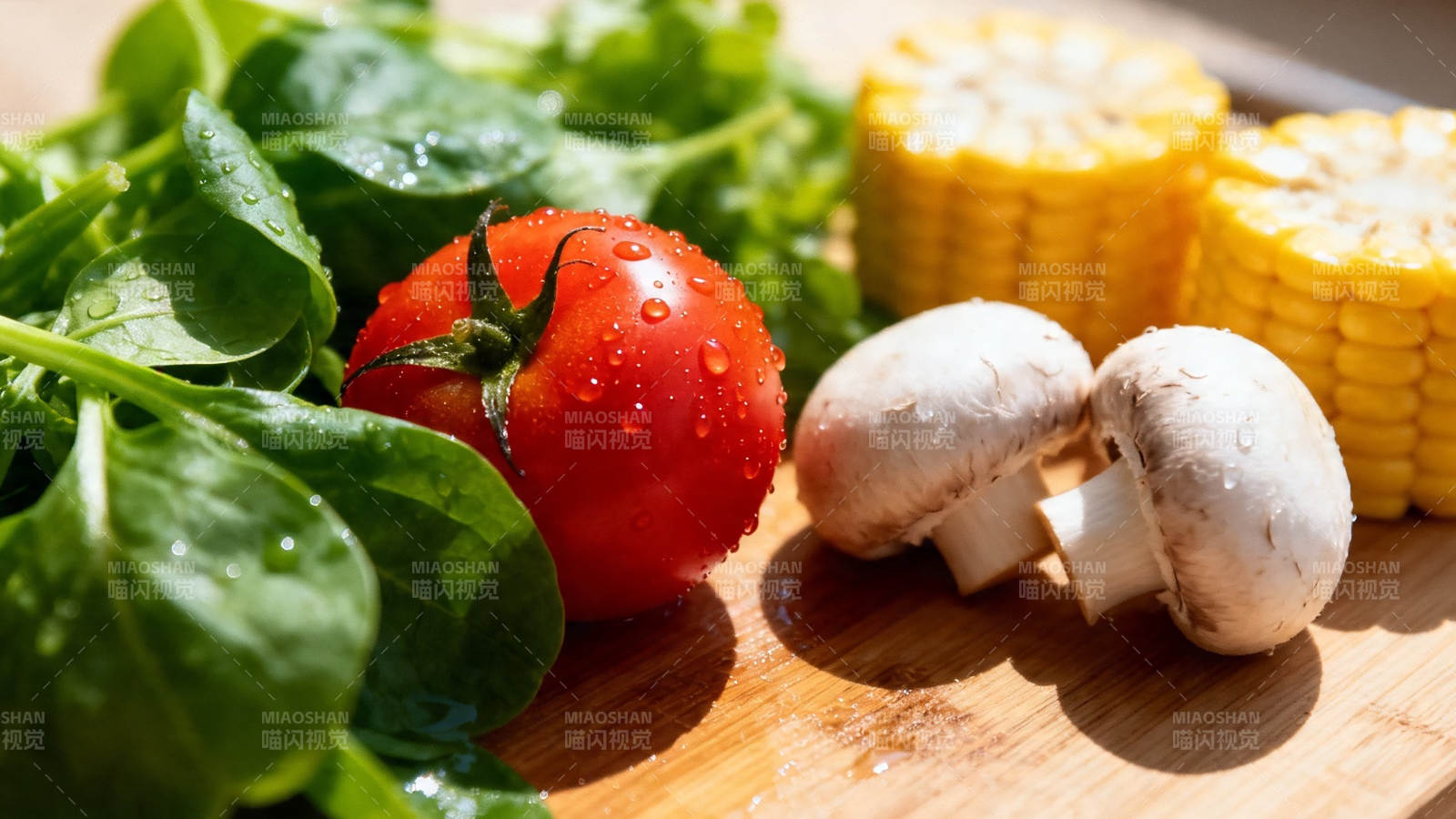 新鲜蔬菜拼盘 番茄玉米蘑菇菠菜图片