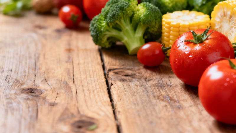 新鲜蔬果摆木桌 色彩诱人图片